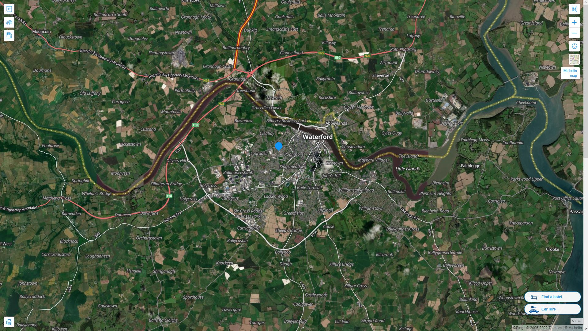 Waterford Irlande Autoroute et carte routiere avec vue satellite
